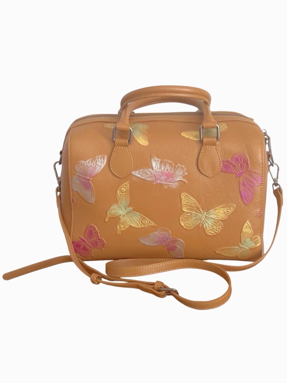 ArtsEye Genuine Leather Boston Bag in "Butterfly Apricot" Artsy Boho Festival - Picture 1 of 11